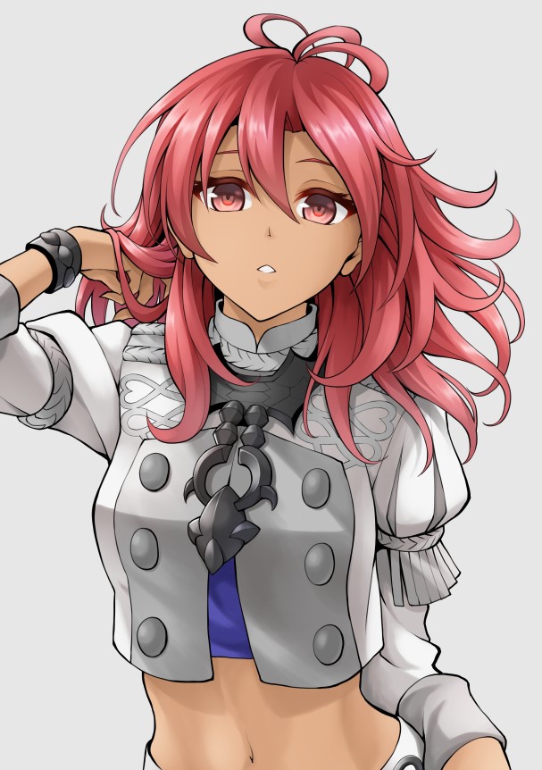 1girl, dark_skin, fire_emblem, fire_emblem:_three_houses, garreg_mach_monastery_uniform, grey_background, hapi_(fire_emblem), midriff, navel, parted_lips, red_eyes, redhead, simple_background, solo, tenchan_man, uniform, upper_body