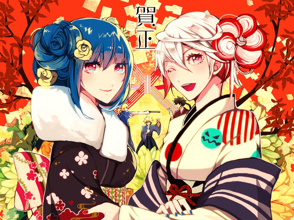 2girls, 3boys, bangs, blonde_hair, blue_hair, brown_hair, dizzy_(guilty_gear), family, father_and_son, flower, grandfather_and_grandson, guilty_gear, guilty_gear_xrd, headband, holding_arm, husband_and_wife, jack-o'_valentine, japanese_clothes, kimono, ky_kiske, leaf, matches, mother_and_daughter, multicolored, multicolored_background, multicolored_clothes, multicolored_hair, multiple_boys, multiple_girls, nbtkm, parted_lips, ponytail, red_eyes, short_hair, sin_kiske, smile, sol_badguy, tied_hair, translation_request, tree