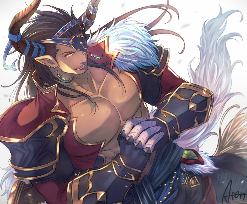 1boy, abs, aion_kiu, bandages, bara, brown_hair, chest, dark_skin