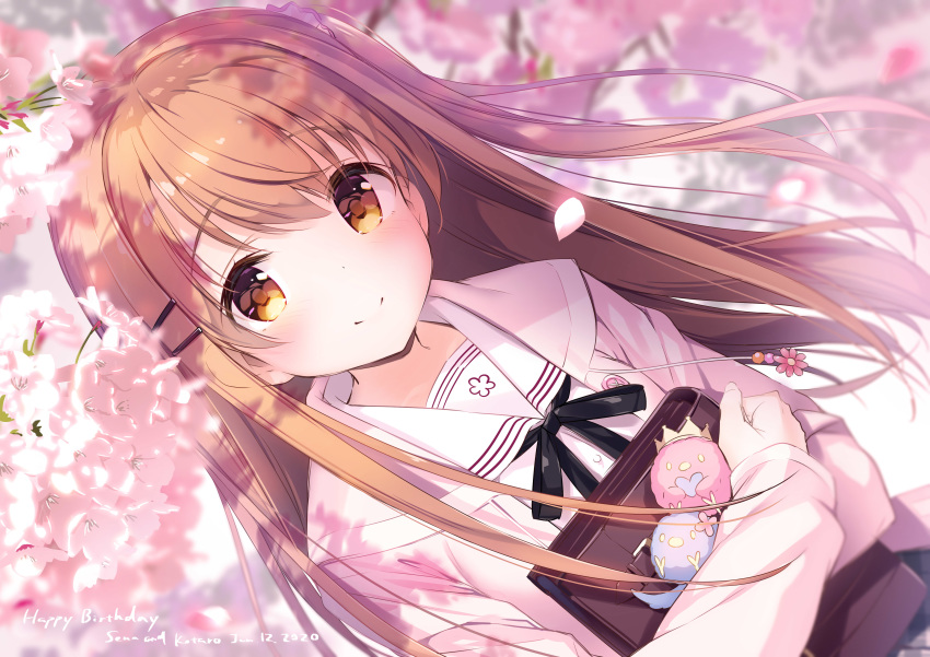 1girl, absurdres, bag, bangs, black_neckwear, brown_eyes, brown_hair, cherry_blossoms