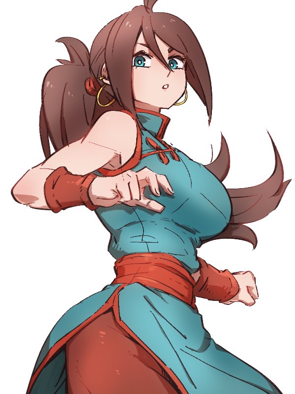 1girl, alternate_color, alternate_costume, android_21, blue_eyes, brown_hair, chi-chi_(dragon_ball), chi-chi_(dragon_ball)_(cosplay)