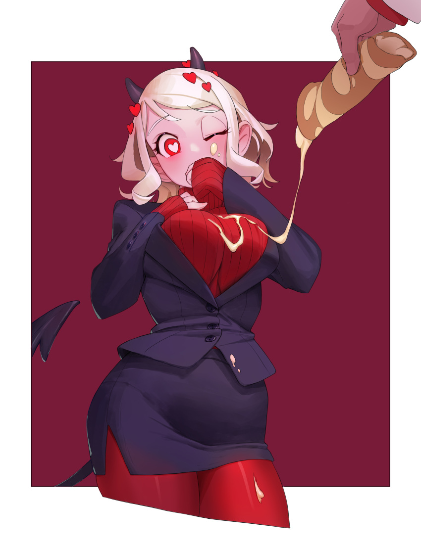 1boy, 1girl, absurdres, black_skirt, breasts, commentary_request, food, heart
