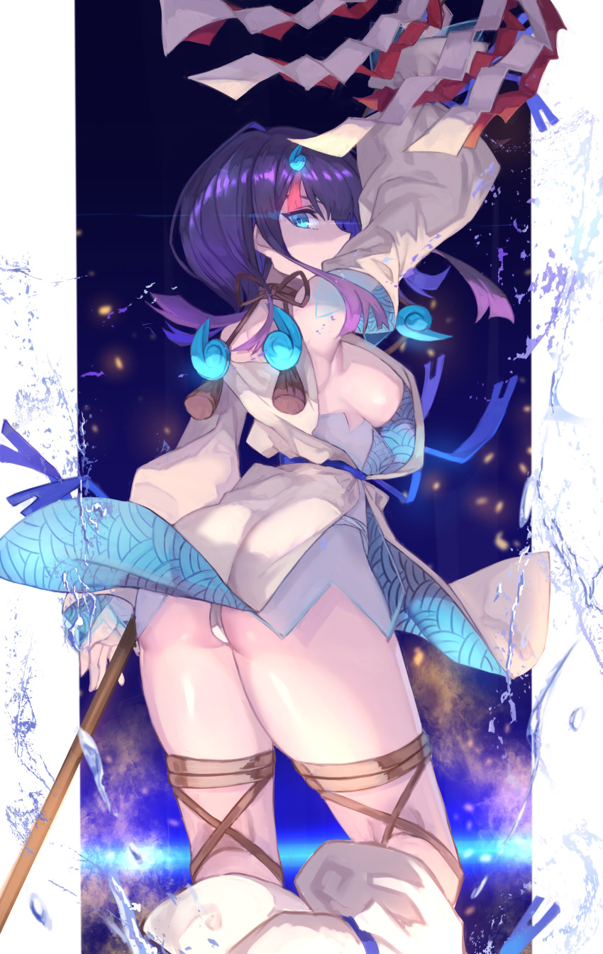 1girl, absurdres, ass, black_hair, blue_background, blue_eyes, breasts, cowboy_shot