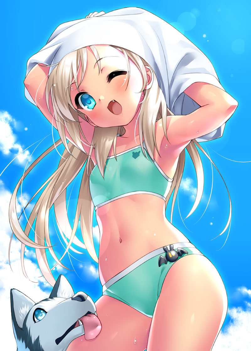 1girl, 1other, belka, bikini, blonde_hair, blue_eyes, blue_sky, clouds, collarbone, commentary_request, contrapposto, cowboy_shot, day, dog, fang, flat_chest, from_below, green_bikini, little_busters!!, long_hair, midriff, navel, noumi_kudryavka, one_eye_closed, open_mouth, outdoors, shirt, sky, smile, standing, swimsuit, undressing, white_shirt, zen