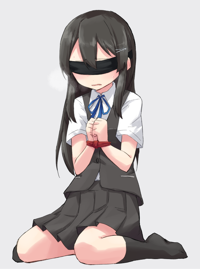 1girl, black_hair, black_legwear, black_skirt, blindfold, blue_ribbon, blush, bound, bound_wrists, hair_ornament, hairclip, kakizaki_(chou_neji), kantai_collection, kneehighs, neck_ribbon, oyashio_(kantai_collection), pleated_skirt, ribbon, shirt, short_sleeves, simple_background, skirt, vest, white_background, white_shirt