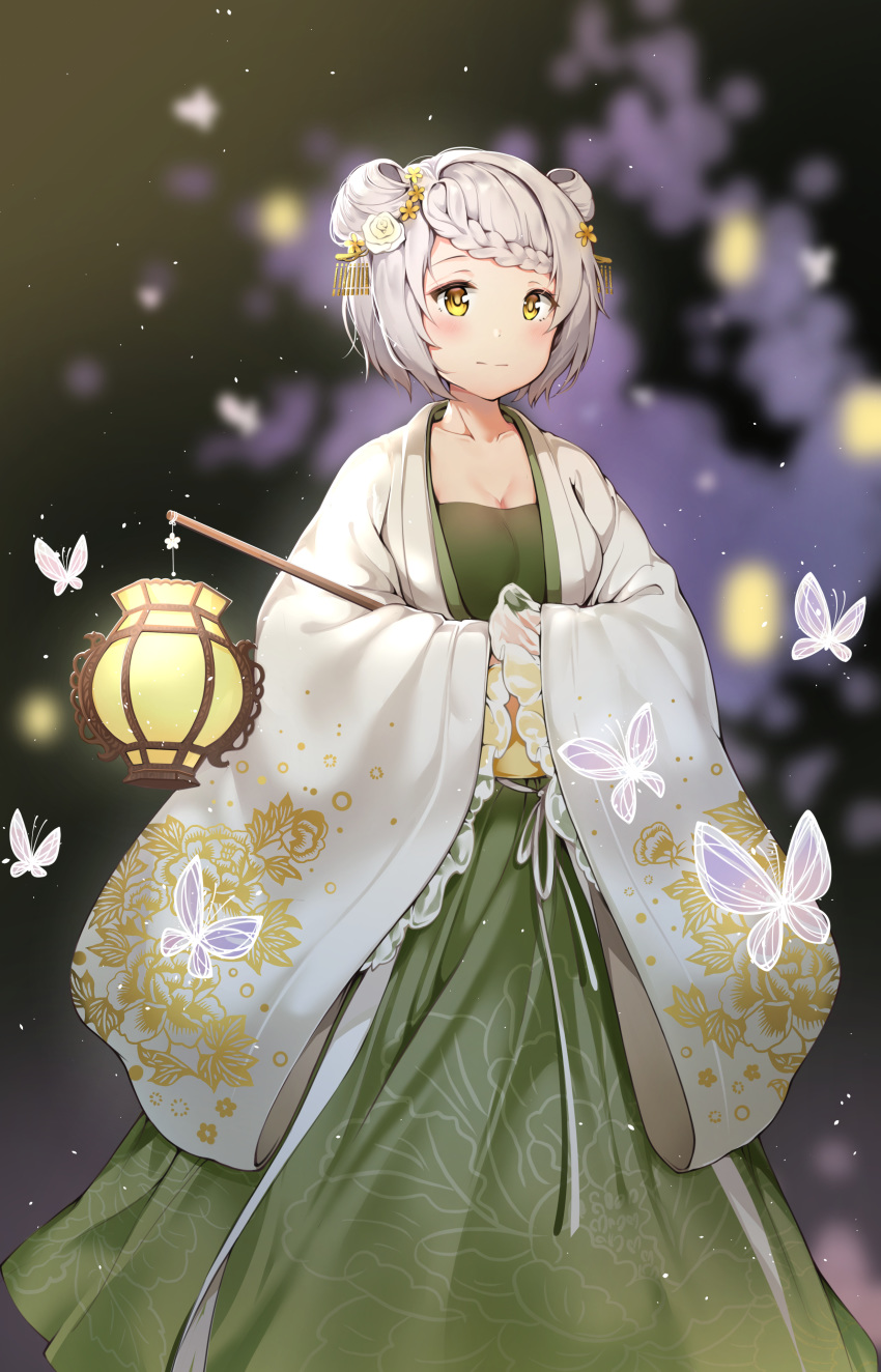 1girl, absurdres, braid, bug, butterfly, chinese_clothes, chongqing_(warship_girls_r), double_bun