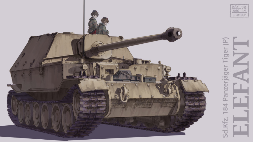 2girls, black_hair, brown_hair, caterpillar_tracks, dated, elefant, garrison_cap, girls_und_panzer