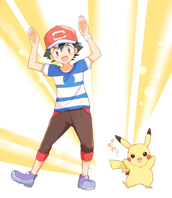 1boy, arms_up, baseball_cap, black_hair, brown_eyes, brown_shorts, gen_1_pokemon, hat