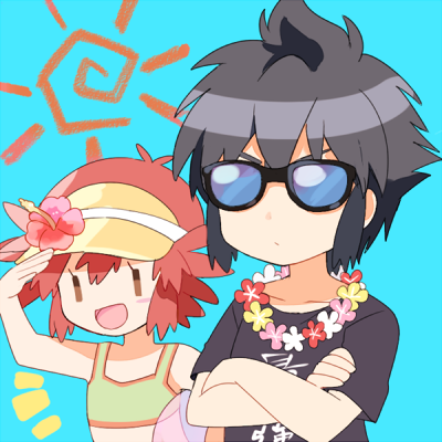 1boy, 1girl, alan_(pokemon), ball, beachball, bikini, black_hair, blue_background