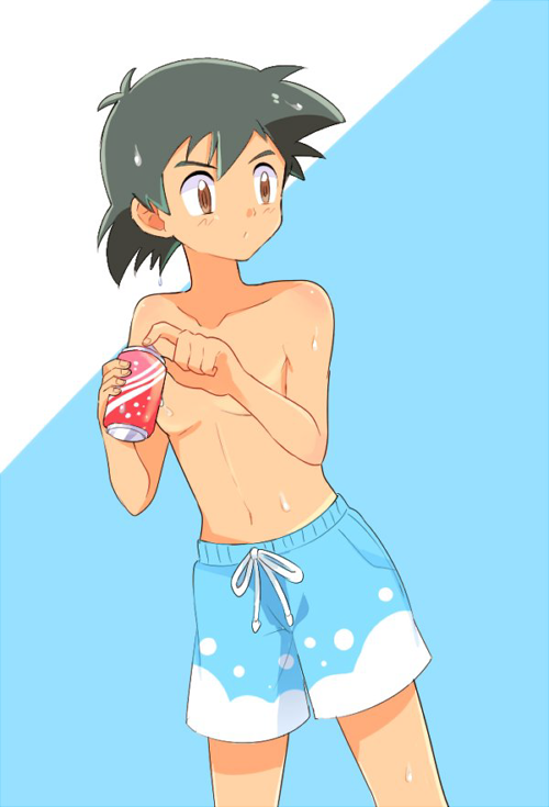 1boy, black_hair, blue_swim_trunks, brown_eyes, bubble_print, can, holding_drink, looking_to_the_side, male_swimwear, mei_(maysroom), pokemon, pokemon_(anime), satoshi_(pokemon), shirtless, soda_can, solo, spiky_hair, sweat, swim_trunks, swimwear, tagme, two-tone_background