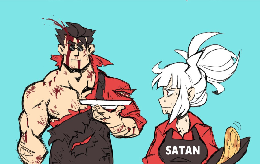 1boy, 1girl, apron, aqua_background, black_apron, blood, commentary, english_commentary