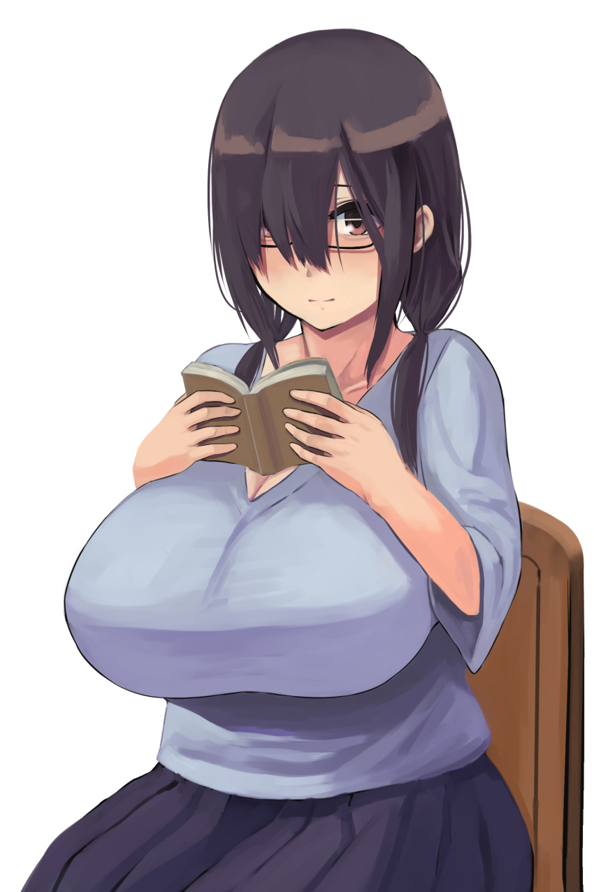 1girl, absurdres, black-framed_eyewear, black_hair, book, breasts, brown_eyes, chair, closed_mouth, glasses, hair_over_one_eye, highres, holding, holding_book, huge_breasts, looking_at_viewer, original, reading, sitting, skirt, xia_shiming