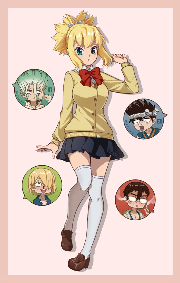1boy, 1girl, 2boys, alternate_costume, bangs, bletisan, blonde_hair, blood