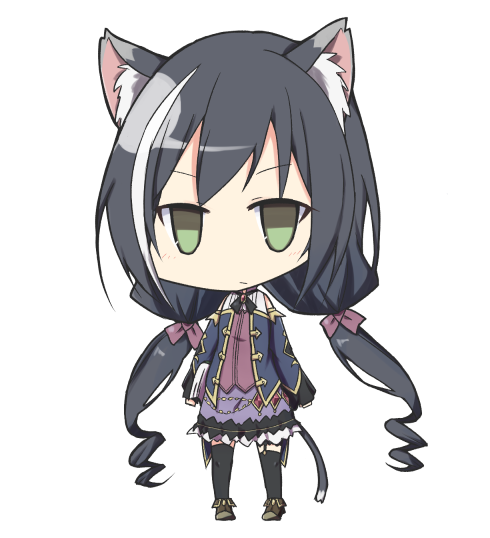 1girl, animal_ear_fluff, animal_ears, bare_shoulders, black_hair, black_legwear, blank_eyes, cat_ears