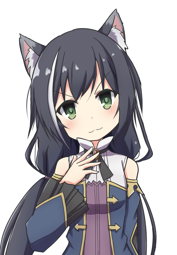 1girl, :3, animal_ear_fluff, animal_ears, bare_shoulders, black_hair, breasts, cat_ears, commentary_request, detached_sleeves, eyebrows_visible_through_hair, green_eyes, hair_between_eyes, karyl_(princess_connect!), long_hair, looking_at_viewer, low_twintails, multicolored_hair, princess_connect!, princess_connect!_re:dive, simple_background, small_breasts, solo, toro_th, twintails, two-tone_hair, upper_body, v-shaped_eyebrows, white_background, white_hair