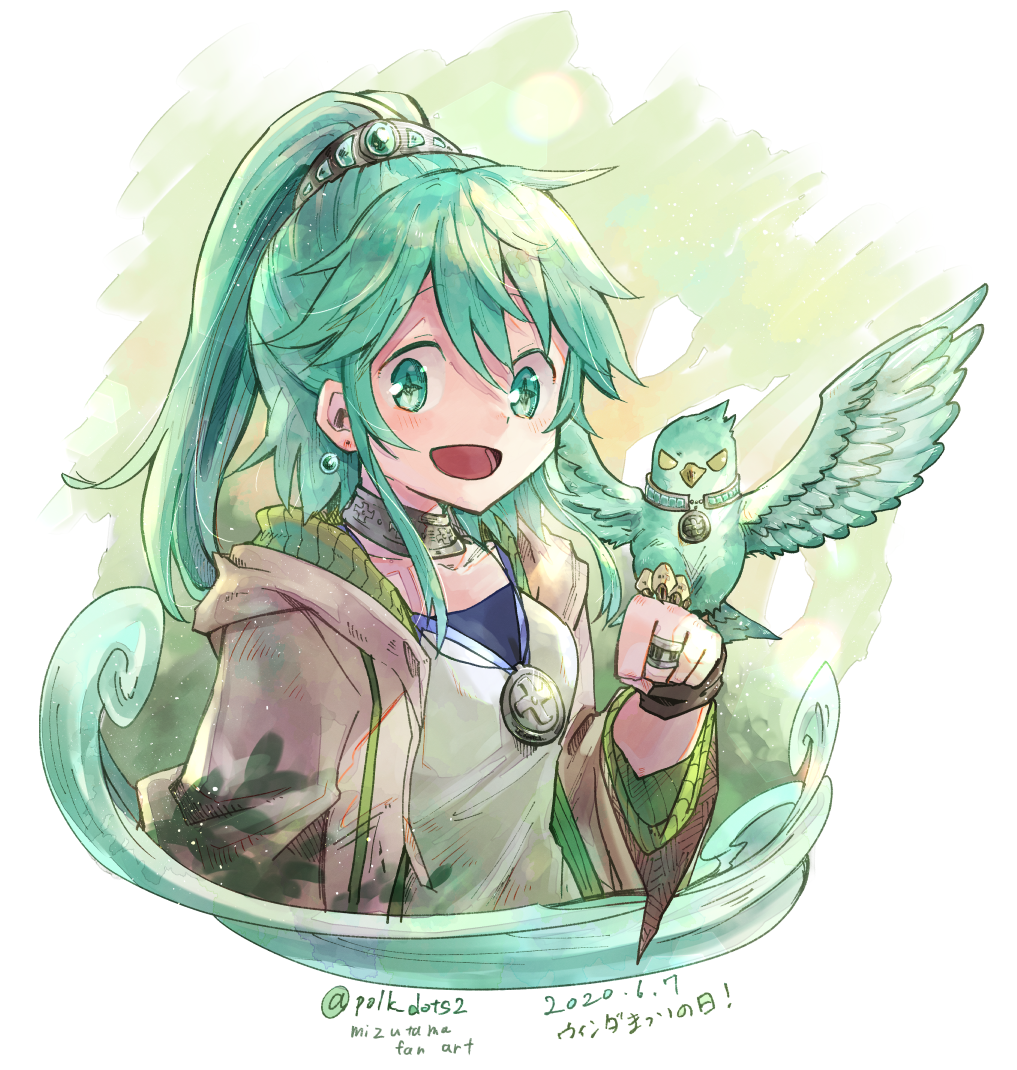 1girl, :d, animal_on_head, bangs, bird, bird_on_head, blush, breasts