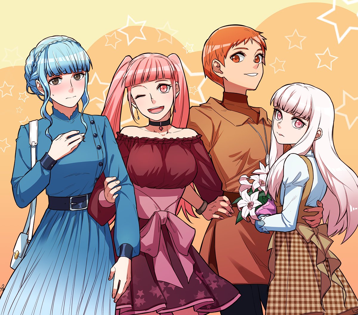 4girls, alternate_costume, bag, belt, blue_hair, blush, bracelet, braid