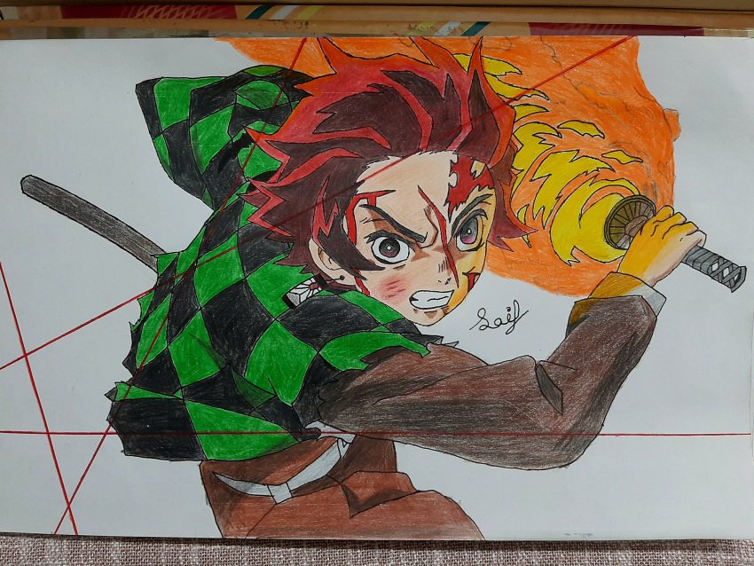 absurdres, alterrecs, angry, battle, belt, belt_buckle, blood, broken, broken_sword, broken_weapon, bruise, bruise_on_face, buckle, checkered, checkered_kimono, clenched_teeth, cuts, earrings, fighting, fighting_stance, fire, flaming_sword, flaming_weapon, hanafuda, highres, holding, holding_sword, holding_weapon, injury, japanese_clothes, jewelry, kamado_tanjirou, katana, kimetsu_no_yaiba, kimono, redhead, reflective_eyes, scar, sheath, shirt, silk, spider_web, string, sword, teeth, torn_clothes, torn_shirt, torn_sleeves, undershirt, uniform, violet_eyes, weapon