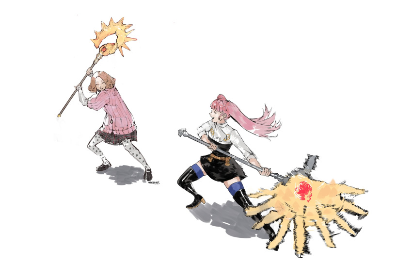 2girls, axe, aymr_(weapon), blue_legwear, boots, brown_hair, closed_eyes, crossover