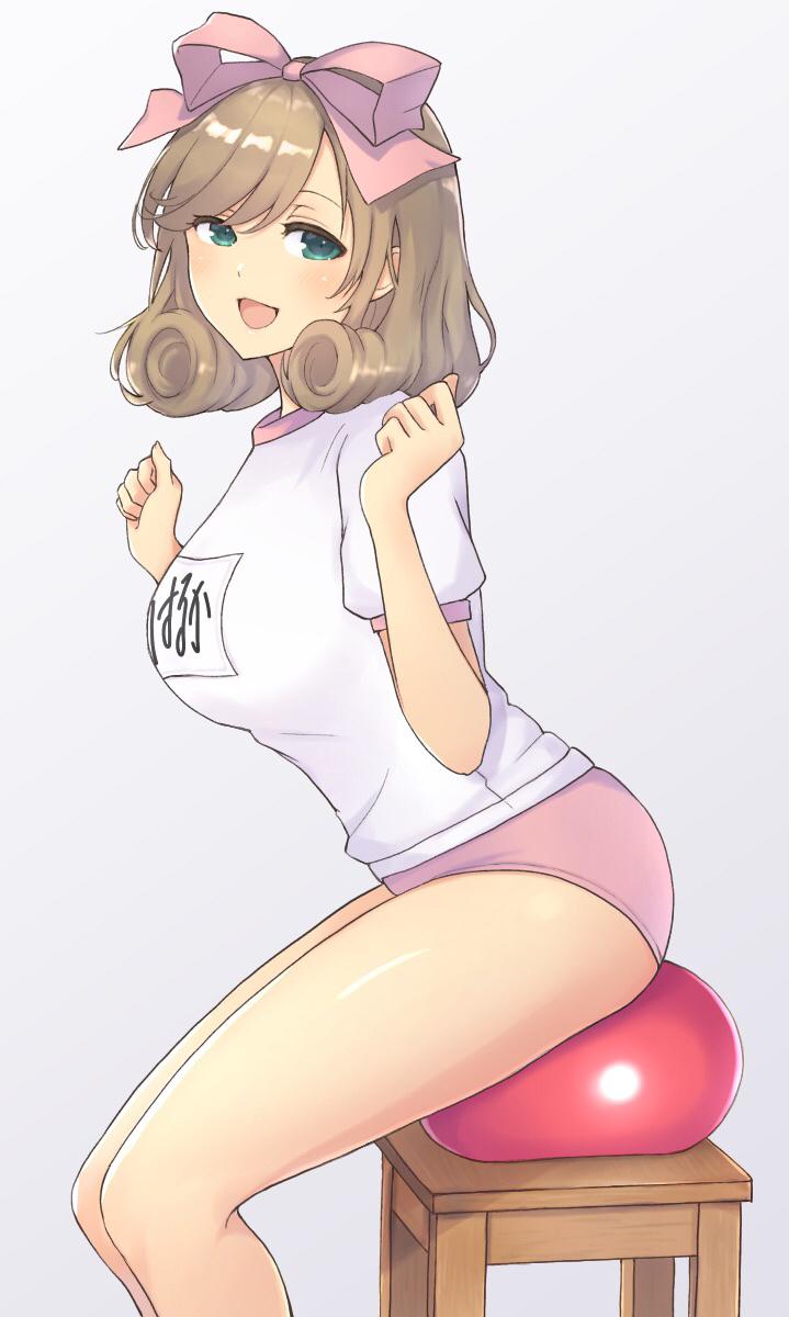 1girl, :d, arms_up, ball, bangs, bare_legs, blonde_hair, blush
