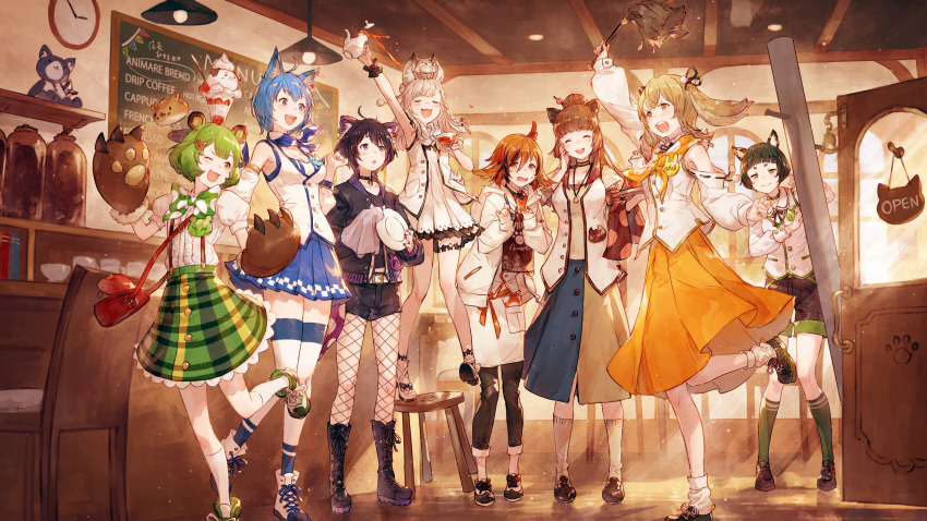 6+girls, absurdres, animal_ears, animare, apron, arm_up, armpits, blush