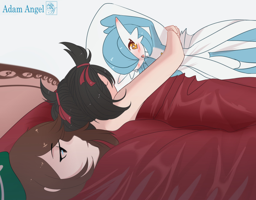 2girls, 500_dollar_four_foot_tall_mareep, adam_angel, alternate_color, artist_name, bangs, bare_arms, bare_shoulders, bed_sheet, black_hair, brown_hair, commentary, dakimakura, gardevoir, gen_3_pokemon, hair_ribbon, highres, lying, mary_(pokemon), multiple_girls, on_back, on_side, pillow, pokemon, pokemon_(game), pokemon_swsh, red_ribbon, ribbon, shiny_pokemon, tam_o'_shanter, twintails, yuuri_(pokemon)
