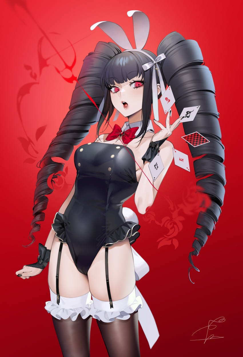 1girl, absurdres, animal_ears, bare_arms, bare_shoulders, black_hair, black_leotard, black_nails, bow, bowtie, breasts, brown_legwear, bunny_girl, bunny_tail, bunnysuit, card, celestia_ludenberck, commentary_request, dangan_ronpa, dangan_ronpa_1, detached_collar, drill_hair, fake_animal_ears, frills, garter_straps, hairband, hand_up, highleg, highleg_leotard, highres, large_breasts, leotard, long_hair, looking_at_viewer, medium_breasts, nail_polish, ohisashiburi, open_mouth, playing_card, rabbit_ears, red_background, red_eyes, sidelocks, signature, skirt, solo, standing, strapless, strapless_leotard, tail, thigh-highs, thighs, twin_drills, twintails, very_long_hair