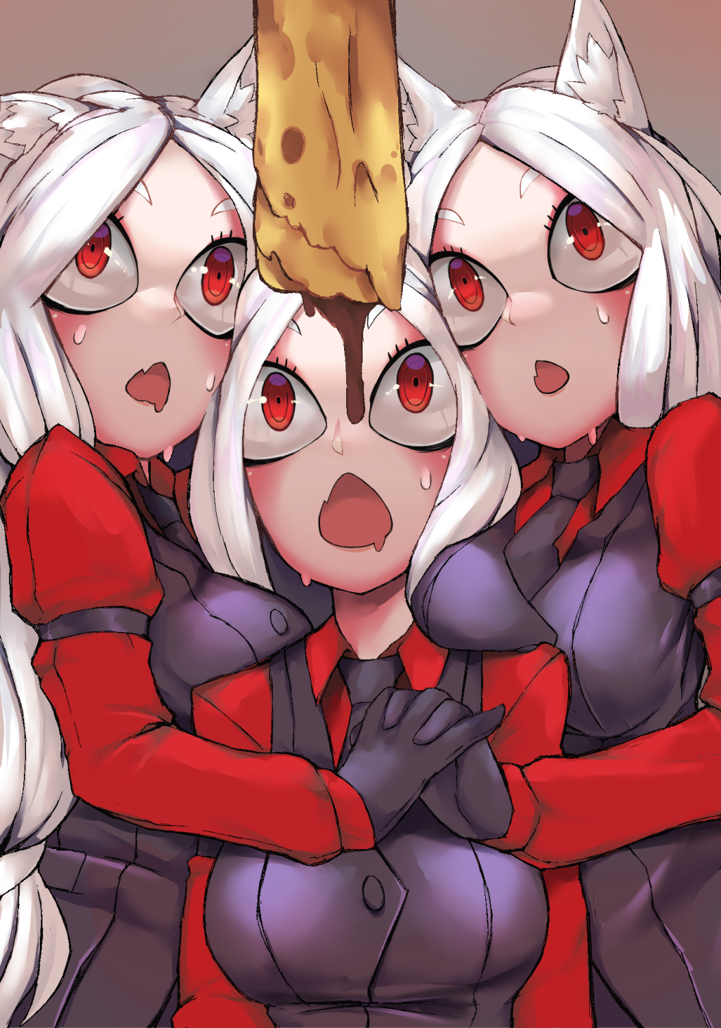 3girls, animal_ears, armband, black_neckwear, black_suit, black_vest, breast_rest, breasts