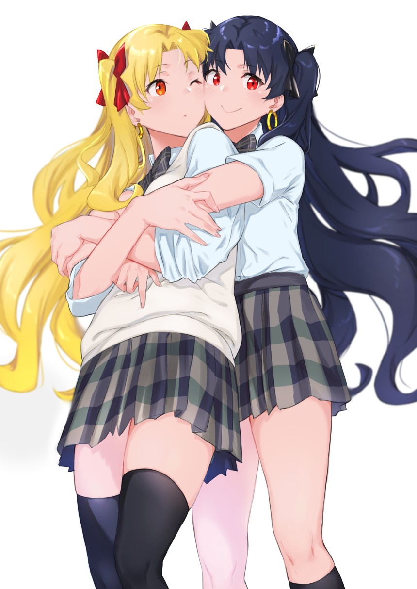 2girls, bangs, black_bow, black_hair, black_legwear, black_neckwear, blonde_hair, blush