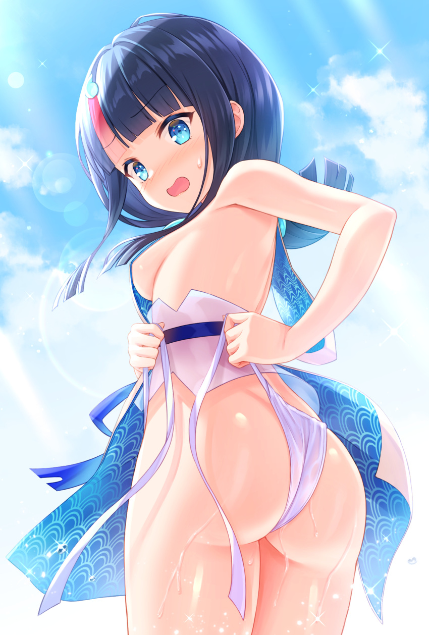 1girl, ass, back, bangs, bare_shoulders, black_hair, blue_eyes, blue_ribbon