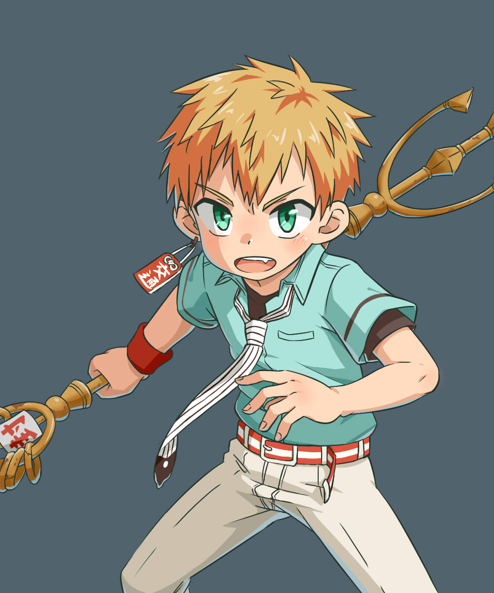1boy, belt, blonde_hair, blue_shirt, child, earrings, fang, green_eyes, highres, jewelry, jibaku_shounen_hanako-kun, looking_at_viewer, minamoto_kou, necklace, school_uniform, simple_background, solo_focus, staff, textless, tie, tjugemu, weapon