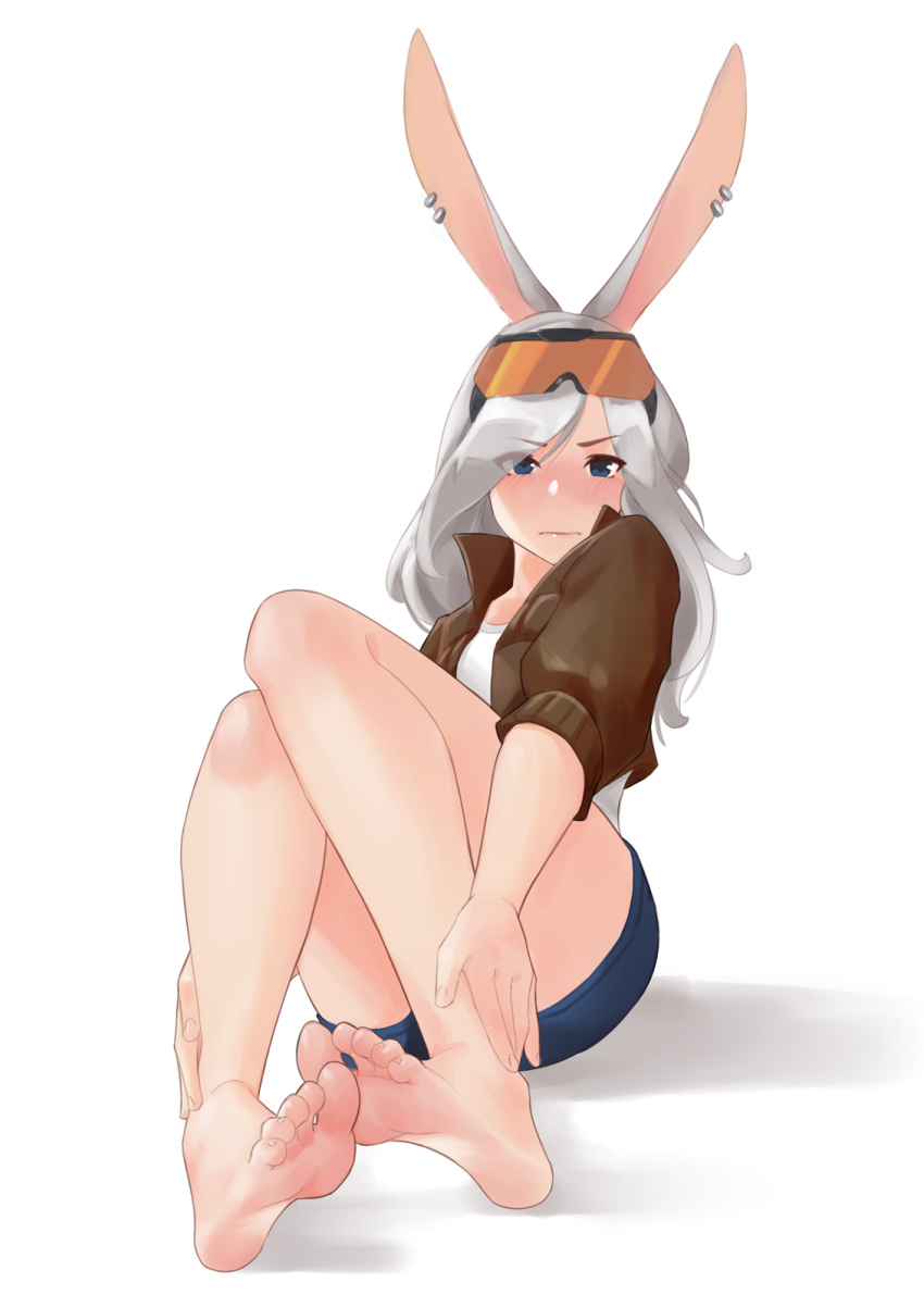 1girl, animal_ears, barefoot, blue_eyes, blue_shorts, blush, brown_jacket, closed_mouth