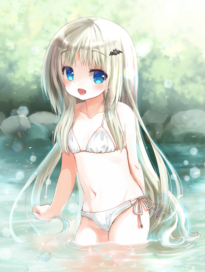 1girl, bikini, blue_eyes, collarbone, commentary_request, cowboy_shot, flat_chest, hinata_nonoka, little_busters!!, long_hair, looking_at_viewer, noumi_kudryavka, rock, side-tie_bikini, silver_hair, smile, soaking_feet, solo, standing, swimsuit, water, white_bikini