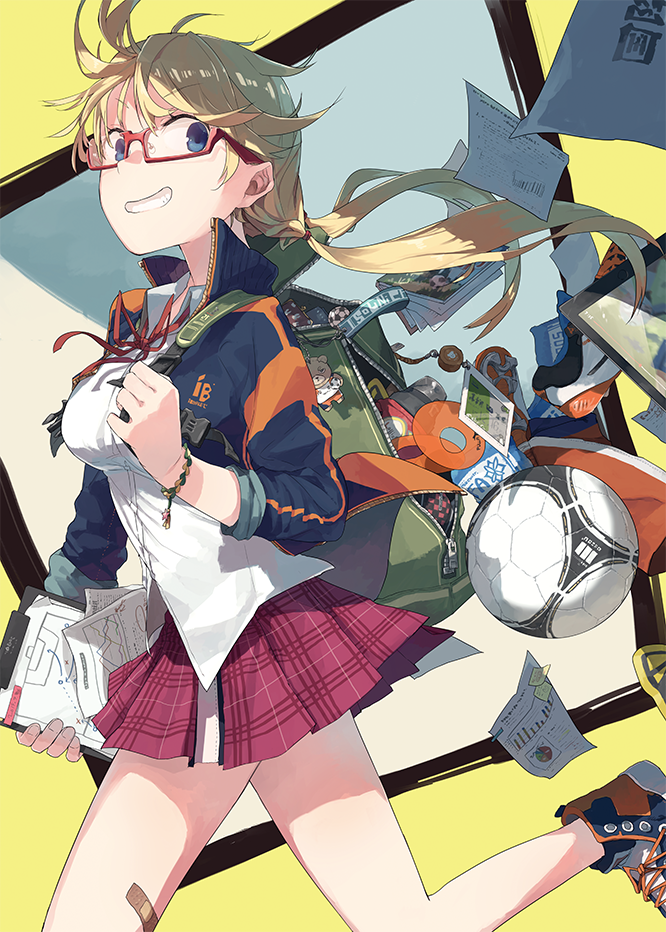 1girl, backpack, bag, ball, bandaid, bandaid_on_leg, bangs, blonde_hair