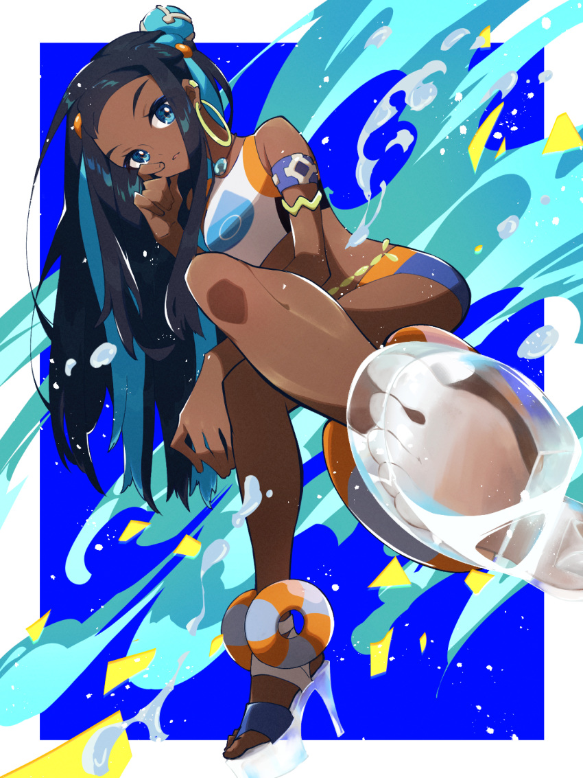 1girl, aqua_hair, armlet, black_hair, blue_eyes, commentary_request, crossed_legs, dark_skin, earrings, feet, gold_earrings, gym_leader, hair_bun, high_heels, highres, hoop_earrings, jewelry, kazuhiro_(user_aprk8784), long_hair, looking_at_viewer, makeup, multicolored_hair, necklace, pokemon, pokemon_(game), pokemon_swsh, rurina_(pokemon), soles, solo, swimsuit, tankini, toes, transparent_footwear, two-tone_hair, water