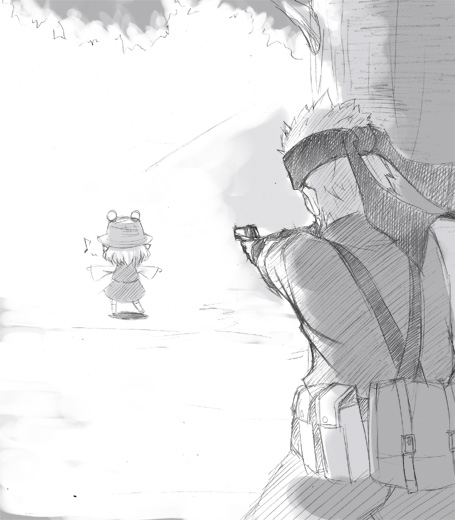 crossover, hat, kerotan, metal_gear, metal_gear_solid, metal_gear_solid_3, monochrome, moriya_suwako, naked_snake, parody, sketch, solid_snake, touhou