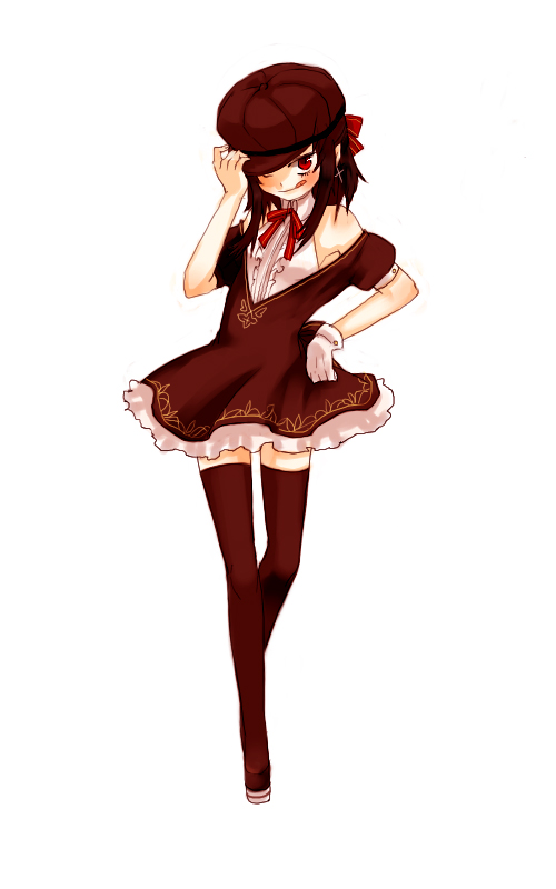 :p, dress, gloves, gwayom, hat, long_hair, omyo, red_eyes