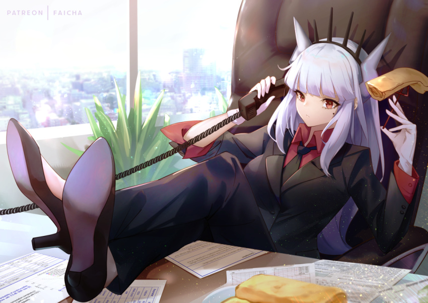 1girl, artist_name, bangs, black_footwear, black_hairband, black_jacket, black_neckwear, black_pants