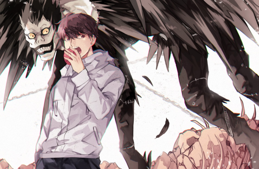 2boys, apple, bags_under_eyes, black_hair, bone, brown_eyes, brown_hair, death_note, eating, food, fruit, highres, holding, holding_food, holding_fruit, hood, hoodie, jacket, long_sleeves, male_focus, multiple_boys, open_mouth, ryuk, sanpaku, sharp_teeth, shinigami, shirt, short_hair, smile, tanaka_minoru, teeth, white_background, white_hoodie, white_jacket, wings, zyuno0