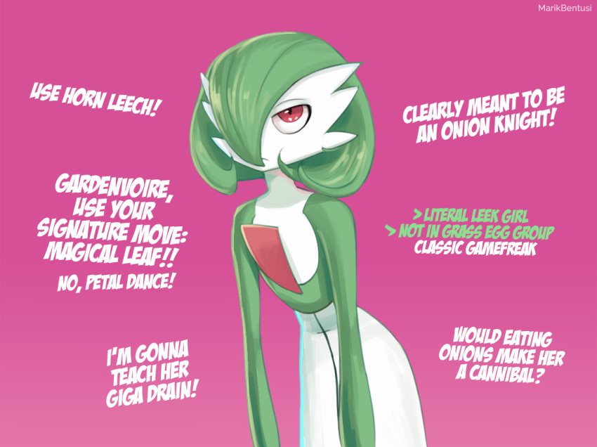 english_text, gardevoir, gen_3_pokemon, green_hair, marikbentusi, pokemon, pokemon_(creature), pokemon_(game), red_eyes, simple_background, solo, unamused, white_skin