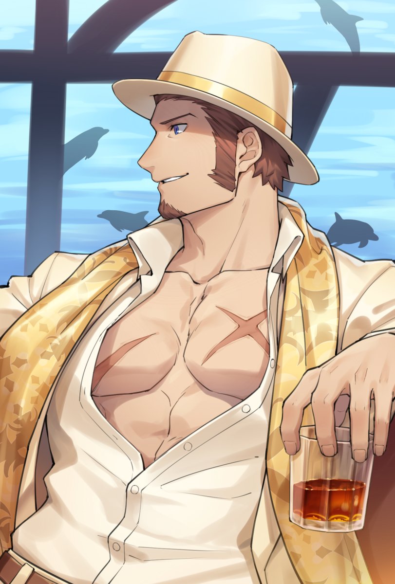 1boy, 47, abs, alternate_costume, arm_support, bara, beard, beige_shirt, belt, blue_eyes, brown_hair, chest, chest_scar, covered_abs, cup, dolphin, facial_hair, fate/grand_order, fate_(series), formal, goatee, hat, highres, light, light_smile, long_sleeves, looking_to_the_side, male_focus, muscle, napoleon_bonaparte_(fate/grand_order), open_clothes, open_shirt, pectorals, scar, scarf, shadow, sideburns, sitting, smile, solo, suit, unbuttoned, upper_body, yellow_scarf