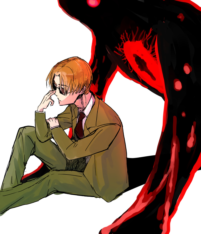 1boy, 1other, absurdres, adjusting_eyewear, bangs, brown_hair, closed_mouth, demon