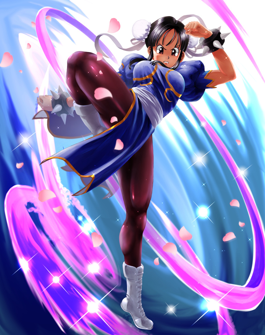 1girl, absurdres, alternate_costume, black_eyes, black_hair, blue_dress, boots, bracelet, breasts, brown_legwear, bun_cover, chi-chi_(dragon_ball), china_dress, chinese_clothes, chun-li, chun-li_(cosplay), cosplay, cross-laced_footwear, double_bun, dragon_ball, dragon_ball_(classic), dress, fighting_stance, full_body, highres, jewelry, knee_boots, long_hair, looking_at_viewer, nagare_seiya, pantyhose, puffy_short_sleeves, puffy_sleeves, sash, short_sleeves, solo, spiked_bracelet, spikes, standing, street_fighter, thighs, white_footwear