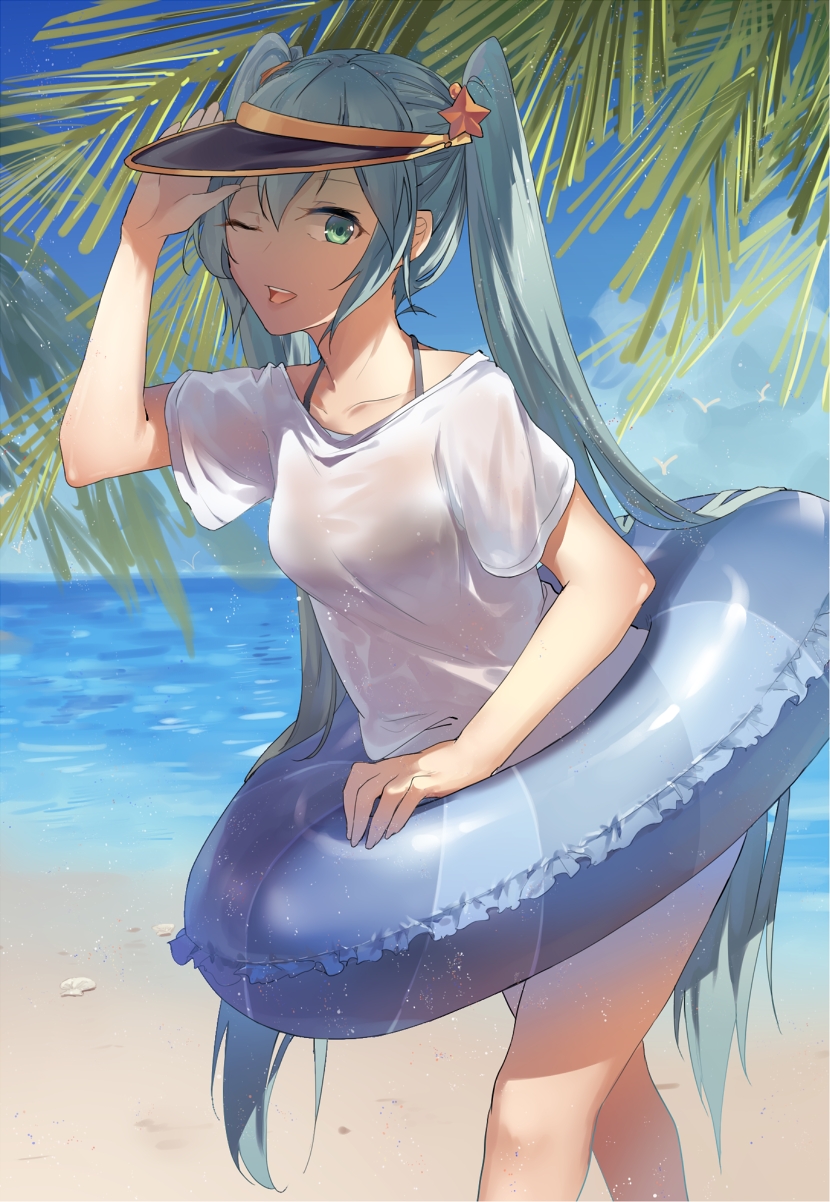 1girl, ;d, beach, blue_hair, collarbone, day, green_eyes, hair_ornament