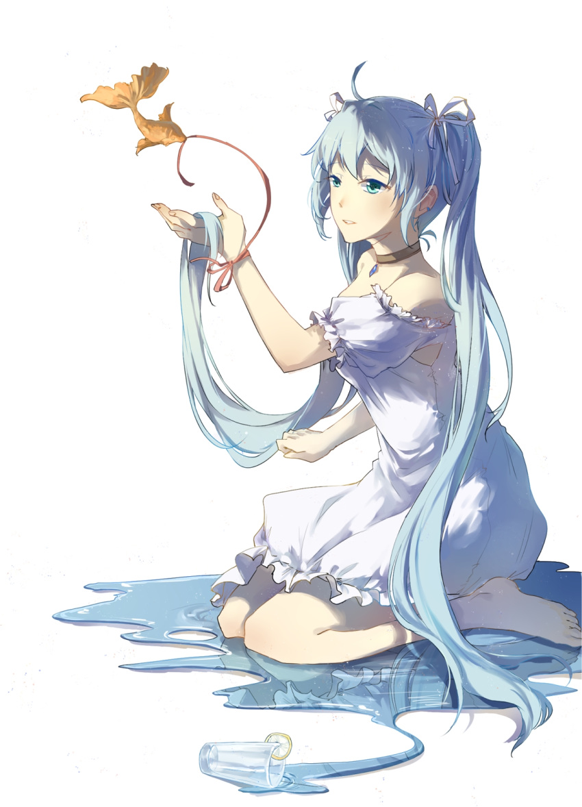1girl, ahoge, armpit_cutout, bangs, blue_eyes, blue_hair, choker, dress