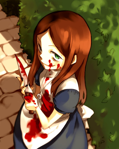alice_(wonderland), american_mcgee's_alice, american_mcgee's_alice, bad_id, blood, blood_on_face, brown_hair, crazy_eyes