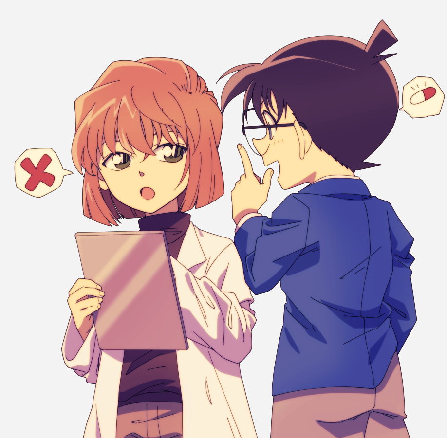 1boy, 1girl, :d, bangs, black-framed_eyewear, black_sweater, blue_jacket, brown_hair