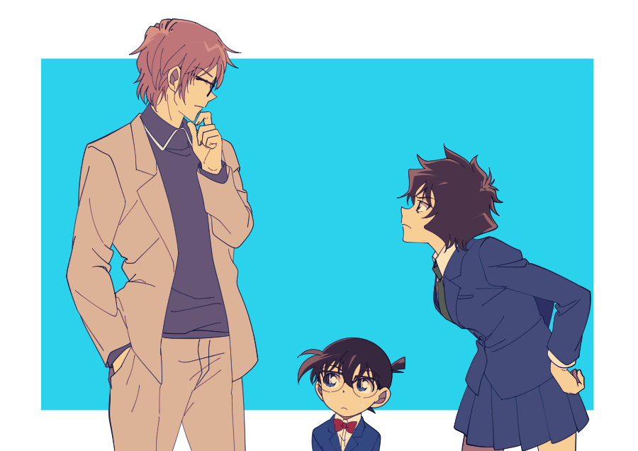 1girl, 2boys, black-framed_eyewear, black_shirt, blazer, blue_background, blue_eyes, blue_jacket, blue_skirt, bow, bowtie, brown_jacket, brown_pants, closed_eyes, closed_mouth, collared_shirt, edogawa_conan, frown, glasses, green_neckwear, hage_ta, hand_in_pocket, jacket, leaning_forward, long_sleeves, meitantei_conan, miniskirt, multiple_boys, necktie, okiya_subaru, open_blazer, open_clothes, open_jacket, pants, pleated_skirt, red_bow, red_neckwear, school_uniform, sera_masumi, shirt, short_hair, skirt, standing, two-tone_background, white_background, white_shirt, wing_collar