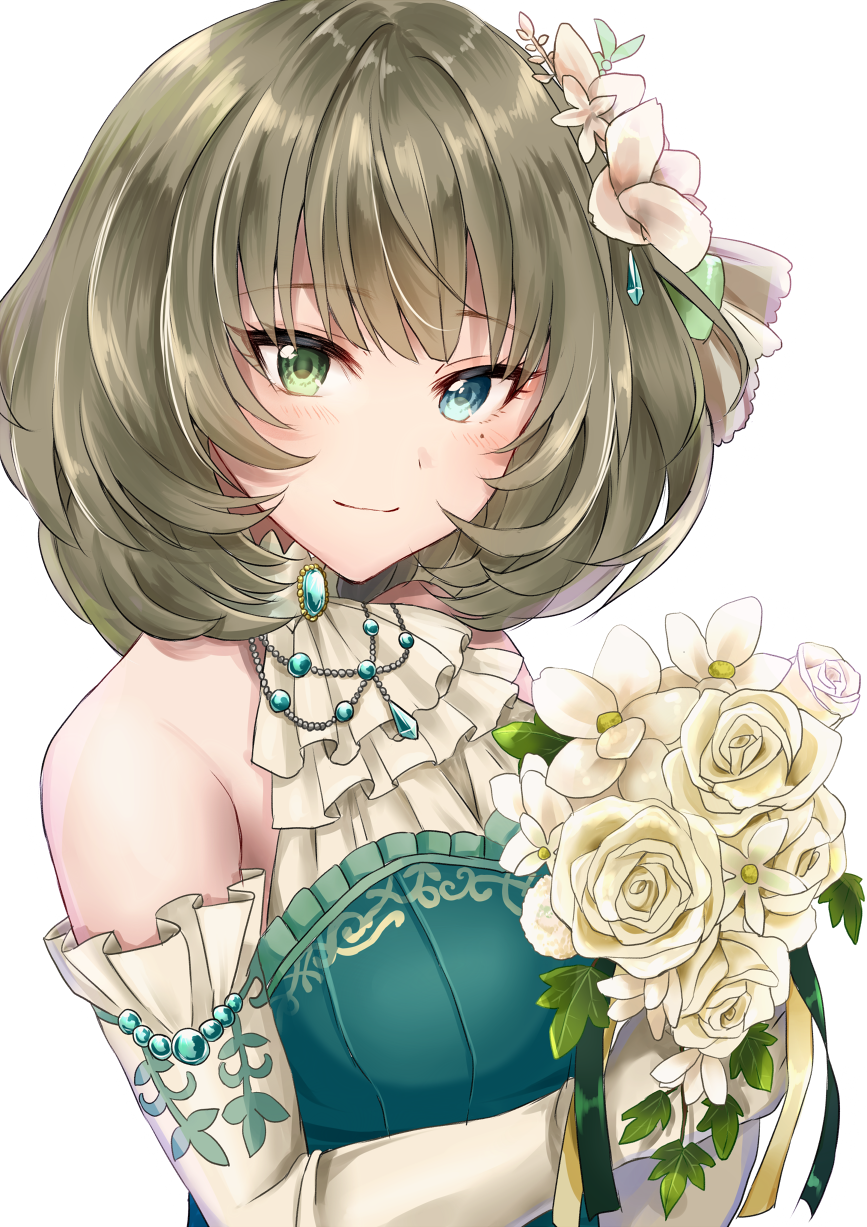 1girl, bangs, blue_eyes, blush, bouquet, brown_hair, chii_(sbshop), corset, elbow_gloves, eyebrows_visible_through_hair, flower, gloves, green_corset, green_eyes, green_ribbon, hair_flower, hair_ornament, halterneck, heterochromia, highres, holding, holding_bouquet, idolmaster, idolmaster_cinderella_girls, looking_at_viewer, medium_hair, mole, mole_under_eye, pink_flower, ribbion, ribbon, rose, simple_background, smile, solo, takagaki_kaede, upper_body, vine_print, white_background, white_flower, white_gloves, white_rose