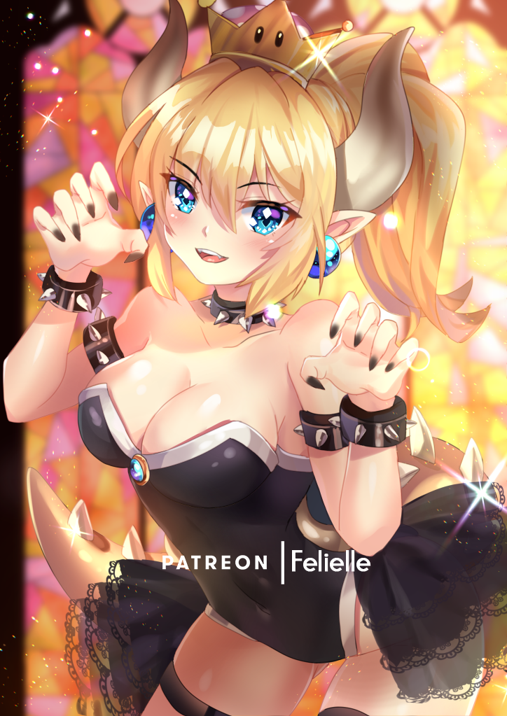 black_collar, black_dress, black_leotard, blonde_hair, blue_earrings, blue_eyes, bowsette, bracelet